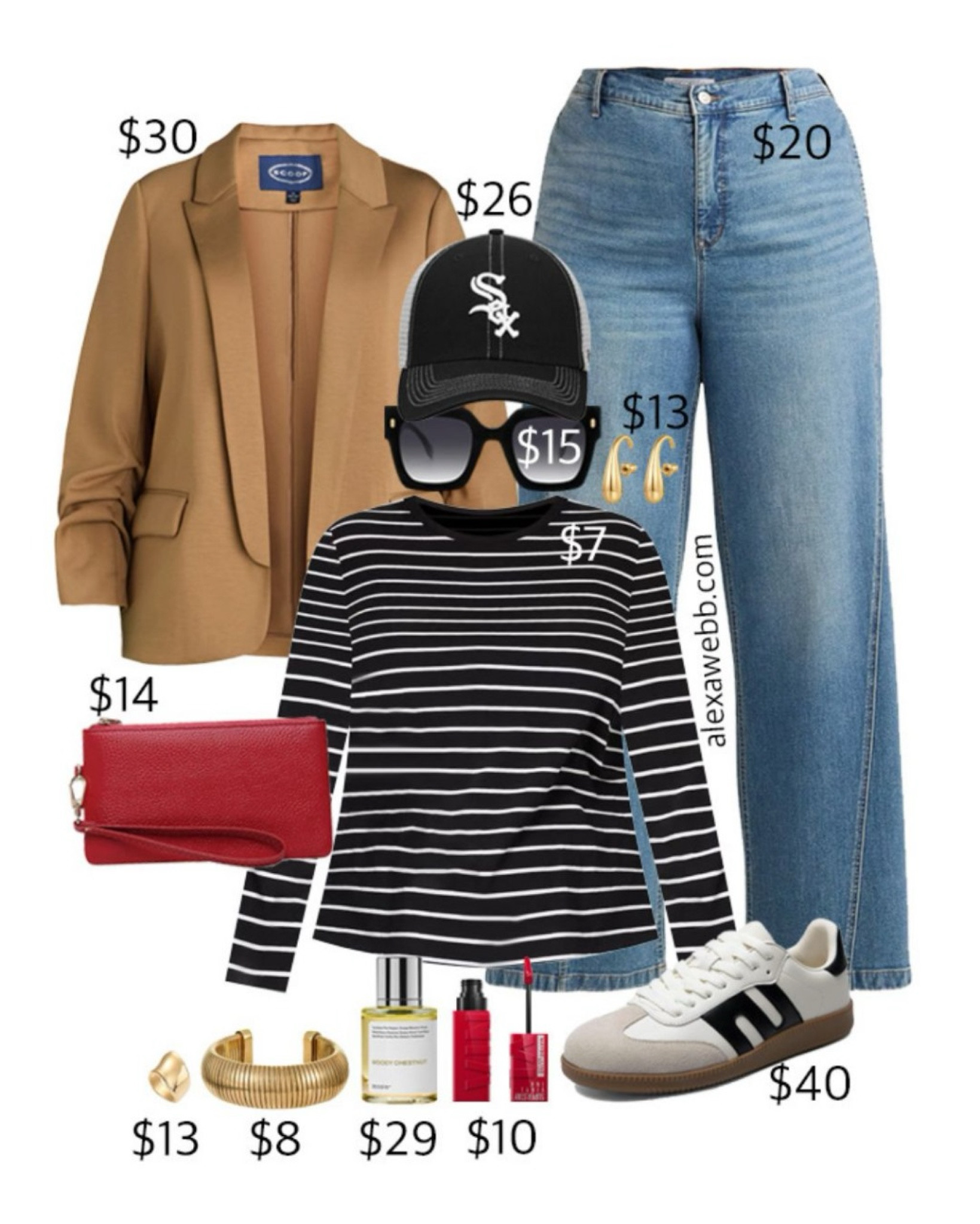 Plus Size on a Budget - Sporty Blazer Outfit - A plus size casual jeans outfit with a striped tee, camel blazer, and sneakers. Alexa Webb #plussize

#LTKPlusSize #LTKOver40 #LTKStyleTip