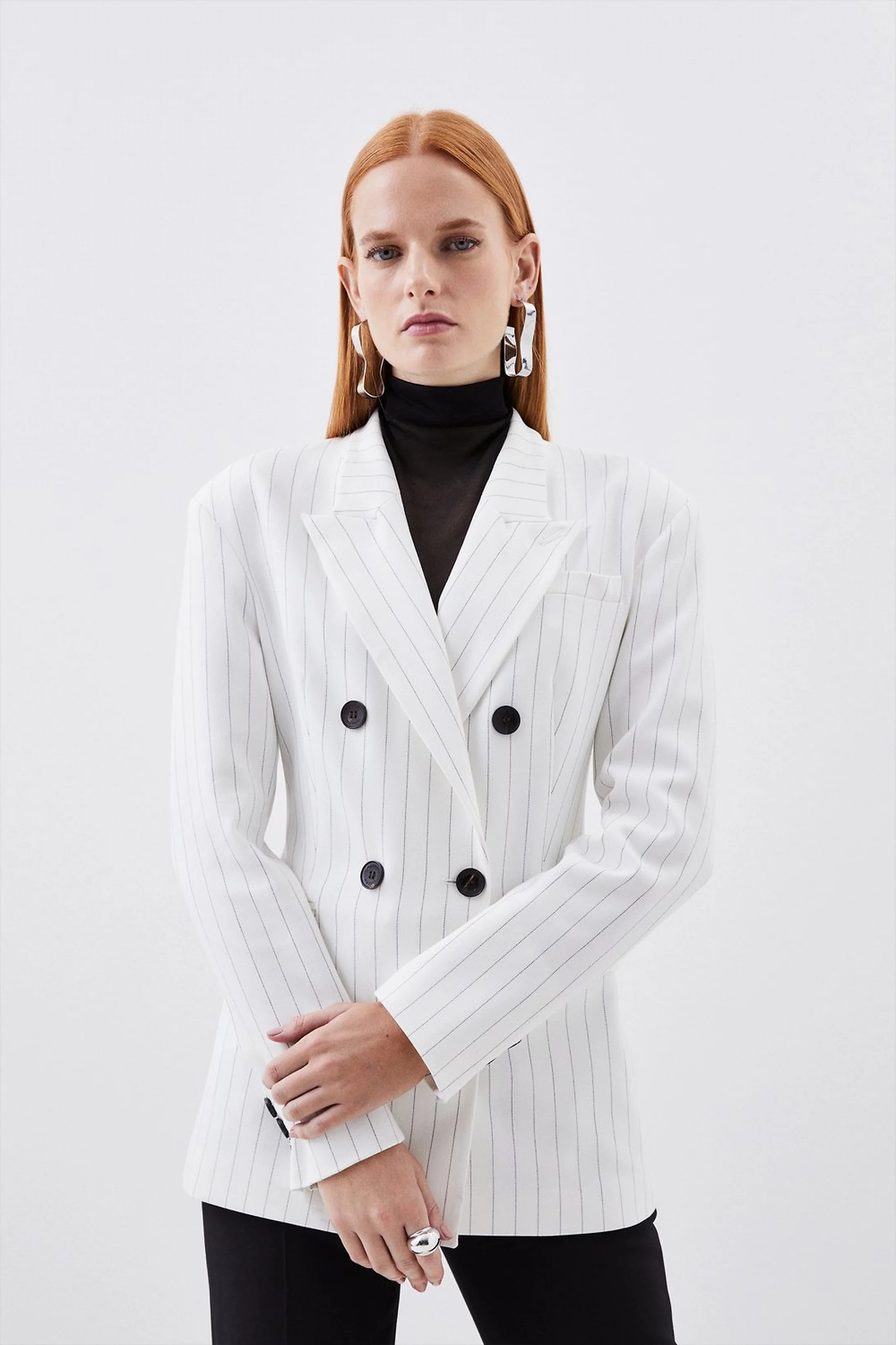 Tailored Compact Stretch Pinstripe Double Breasted Blazer | Karen Millen US