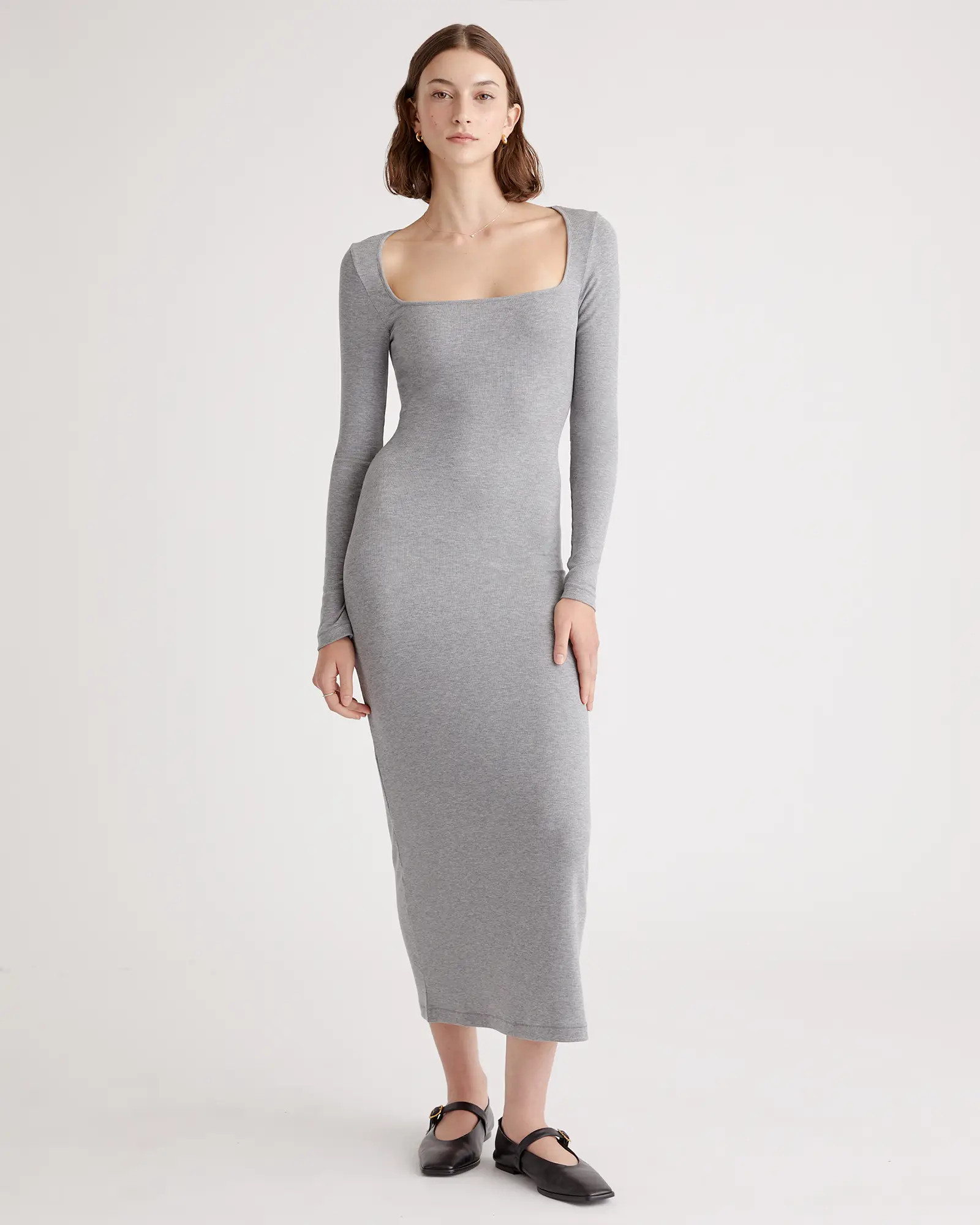 Tencel Rib Knit Long Sleeve Square Neck Dress | Quince
