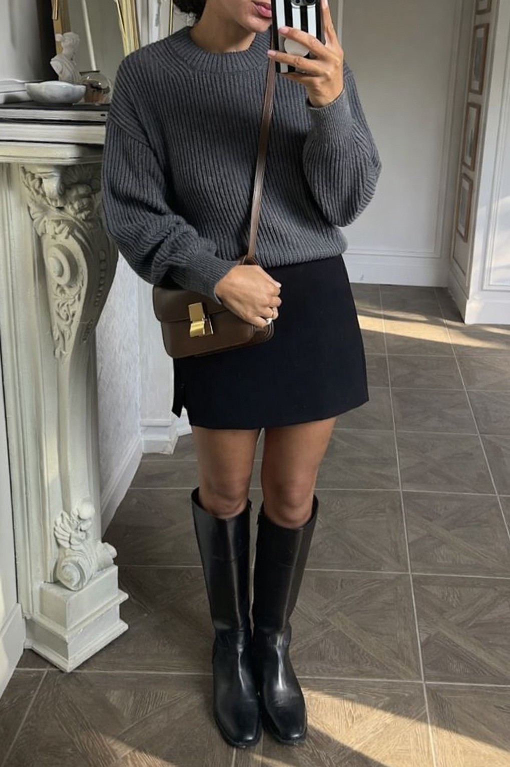 knee high boots outfit with mini skirt and crew sweater  

#LTKootd