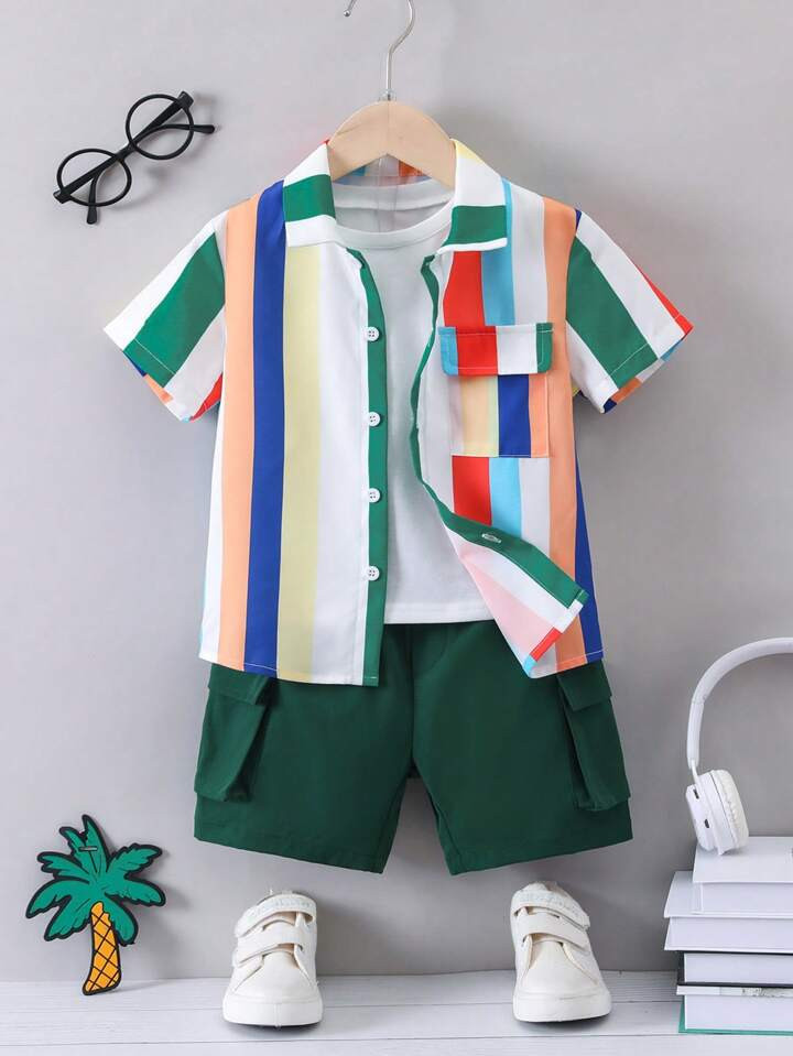 SHEIN Toddler Boys Striped Print Shirt & Flap Pocket Shorts & Tank Top | SHEIN