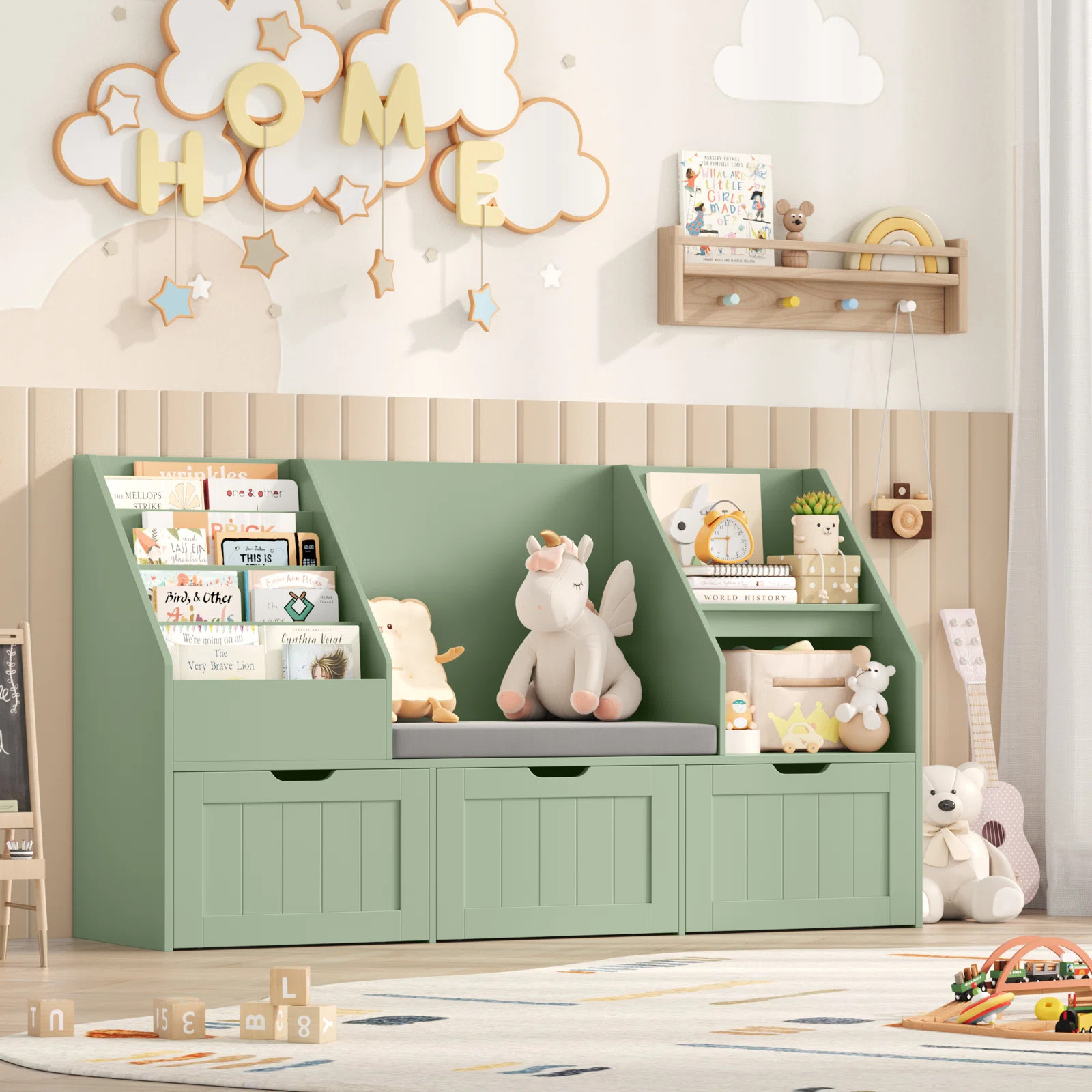 55.1" W x 31.5"H 3-IN-ONE Kids Bookcase with 3 Drawers, Soft Cushion, 4-Layer Bookshelf, Reading ... | Wayfair North America
