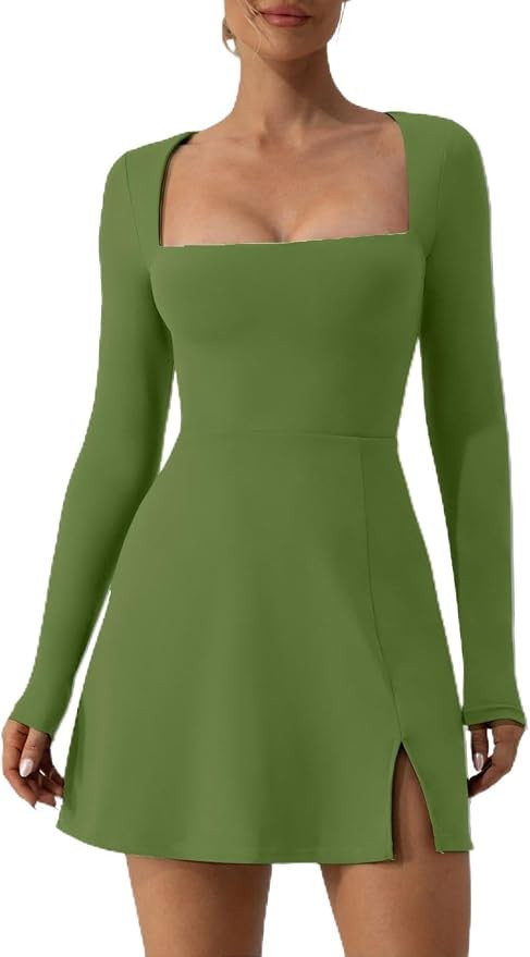 Vozobi Womens Square Neck Bodice Dress Long Sleeve Side Slit Flare Mini Dresses | Amazon (CA)
