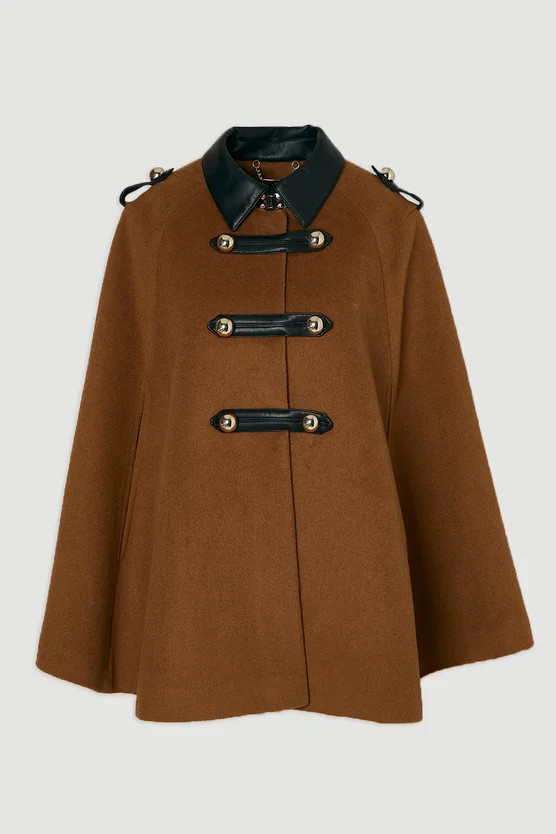 Brushed Wool PU Mix Tailored Cape Short Coat | Karen Millen US