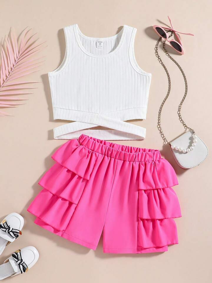 Spring And Summer White Knitted Cross Back Vest And Cake Skirt Two-Piece Outfit For Tween Girl, P... | SHEIN