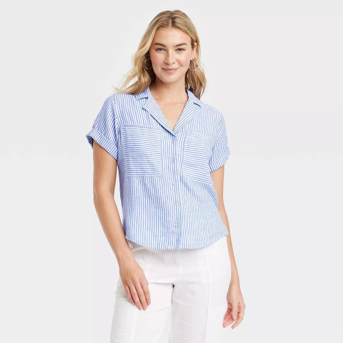 Women's Short Sleeve Collared Button-Down Shirt - Universal Thread™ Tan Striped M | Target