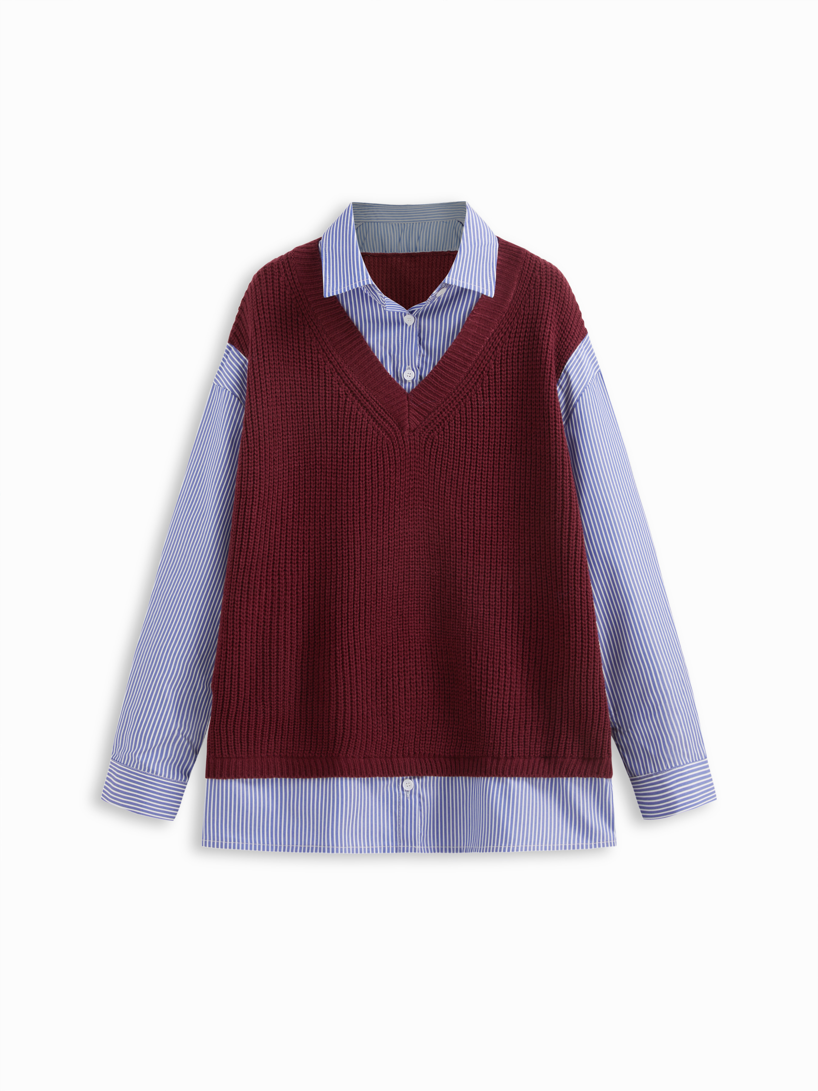 Knit Fabric Knit Wool-blend Collar Stripe Two Tone Patchy Oversized Top For School Daily Casual | Cider