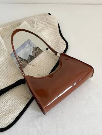 Minimalist Artificial Patent Leather Baguette Bag | SHEIN