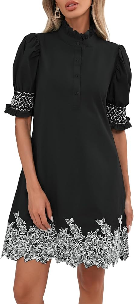 Women's Summer Embroidered Mini Dress Short Puff Sleeve Ruffle Collar Button Front Shift Dress | Amazon (US)