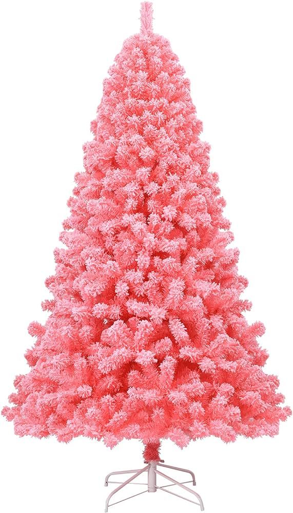 Goplus 7.5ft Pink Artificial Christmas Tree, Unlit Hinged Snow Flocked Xmas Tree w/ 1364 PVC Bran... | Amazon (US)
