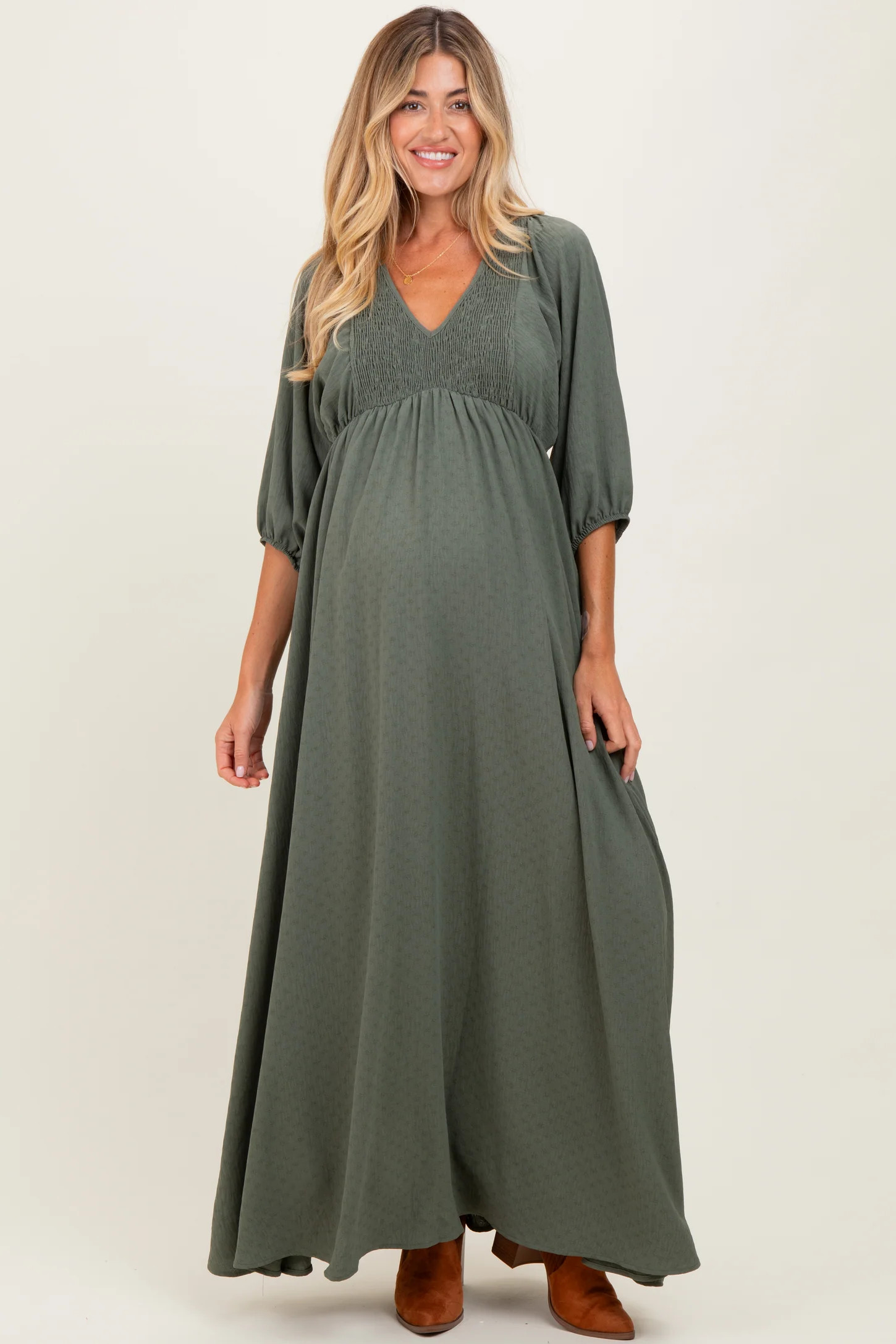 Olive Solid 3/4 Sleeve Smocked Top V-Neck Maternity Maxi Dress | PinkBlush Maternity