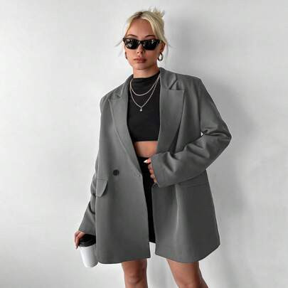 Women's Plain Color Lapel Collar Long Sleeve Loose Casual Blazer | SHEIN