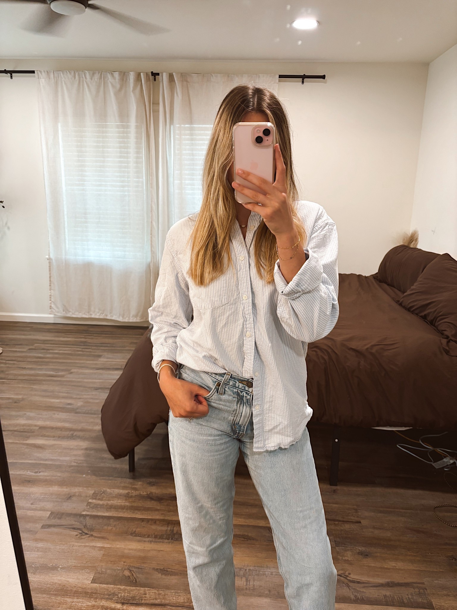 Blue pinstripe button up from Brandy Melville paired with the Levi’s Baggy Dad jeans, another easy work fit I keep on repeat 💙 Comfortable, classic, and still office-appropriate.

#LTKActive #LTKHome #LTKPetite