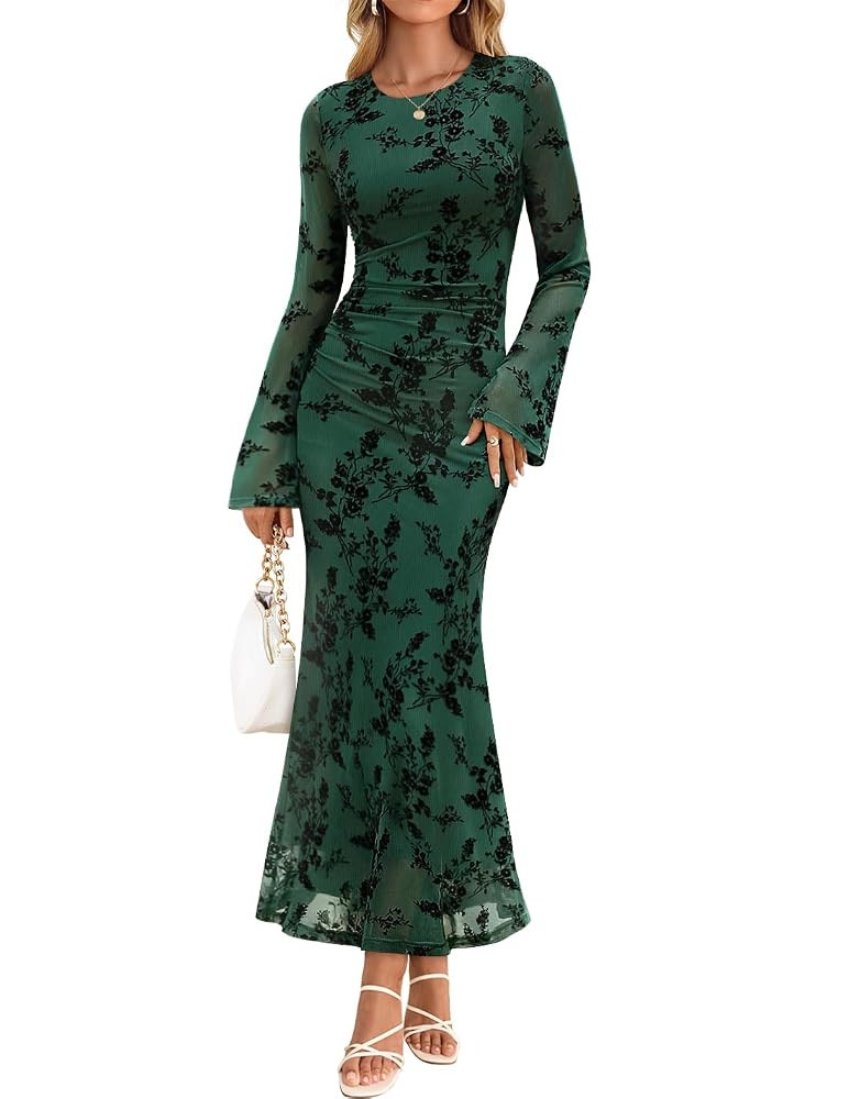 ZESICA Women's Long Sleeve Floral Bodycon Dress 2025 Fall Fashion Ruched Mesh Wedding Guest Cockt... | Amazon (US)