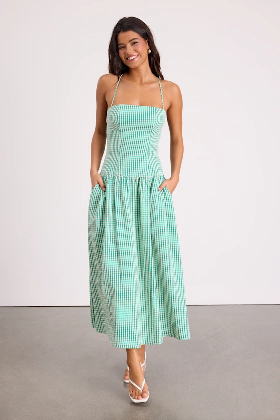 Lanny Green Gingham Lace-Up Midi Dress | Lulus