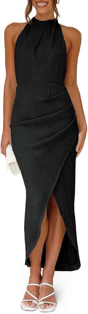 Fisoew Womens Halter Neck Party Dress Sleeveless Slit Textured Backless Slim Fitted Ruched Sexy M... | Amazon (US)