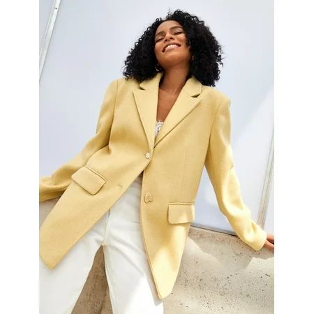 Elegant Single Breasted Slit Back Wool Mix Blazer Yellow M(6) | Walmart (US)