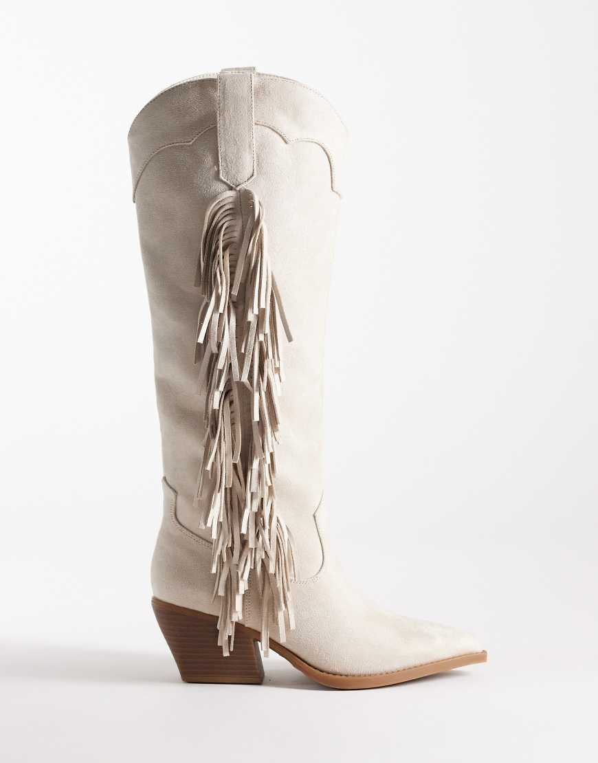 Glamorous western fringe knee boots in cream suedette-White | ASOS (Global)