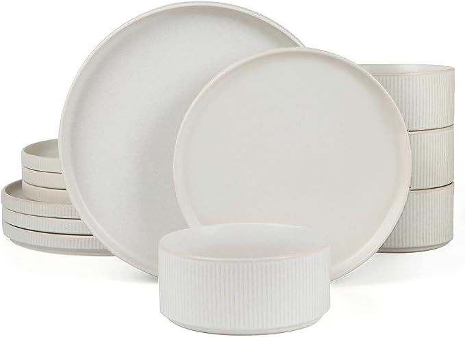 Famiware Plates and Bowls for 4, 12 Piece Dishes, Full Glaze Matte White | Amazon (US)