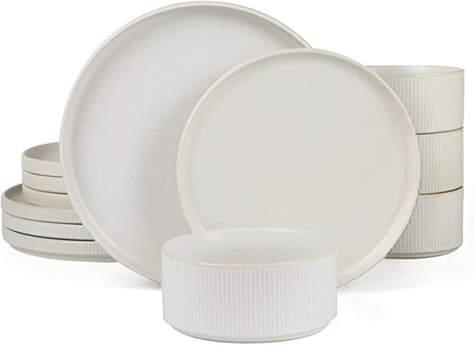 Famiware Star Dinnerware Sets, Plates and Bowls Set for 4, 12 Piece Dish Set, Full Glaze Matte Wh... | Amazon (US)