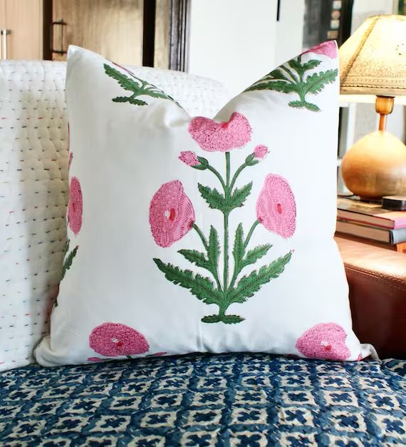 16x26  22x22 Pink Hand Block Print Floral Pillow  Botanical - Etsy | Etsy (US)