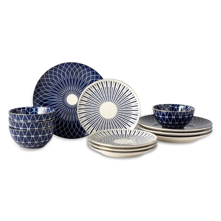 Thyme & Table Blue and White Calypso 12-Piece Ceramic Dinnerware Set | Walmart (US)