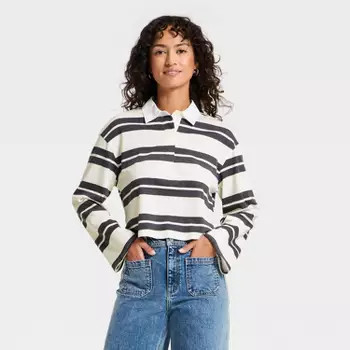 Women's Long Sleeve Button-Down Polo T-Shirt - Universal Thread™ Cream Striped S | Target