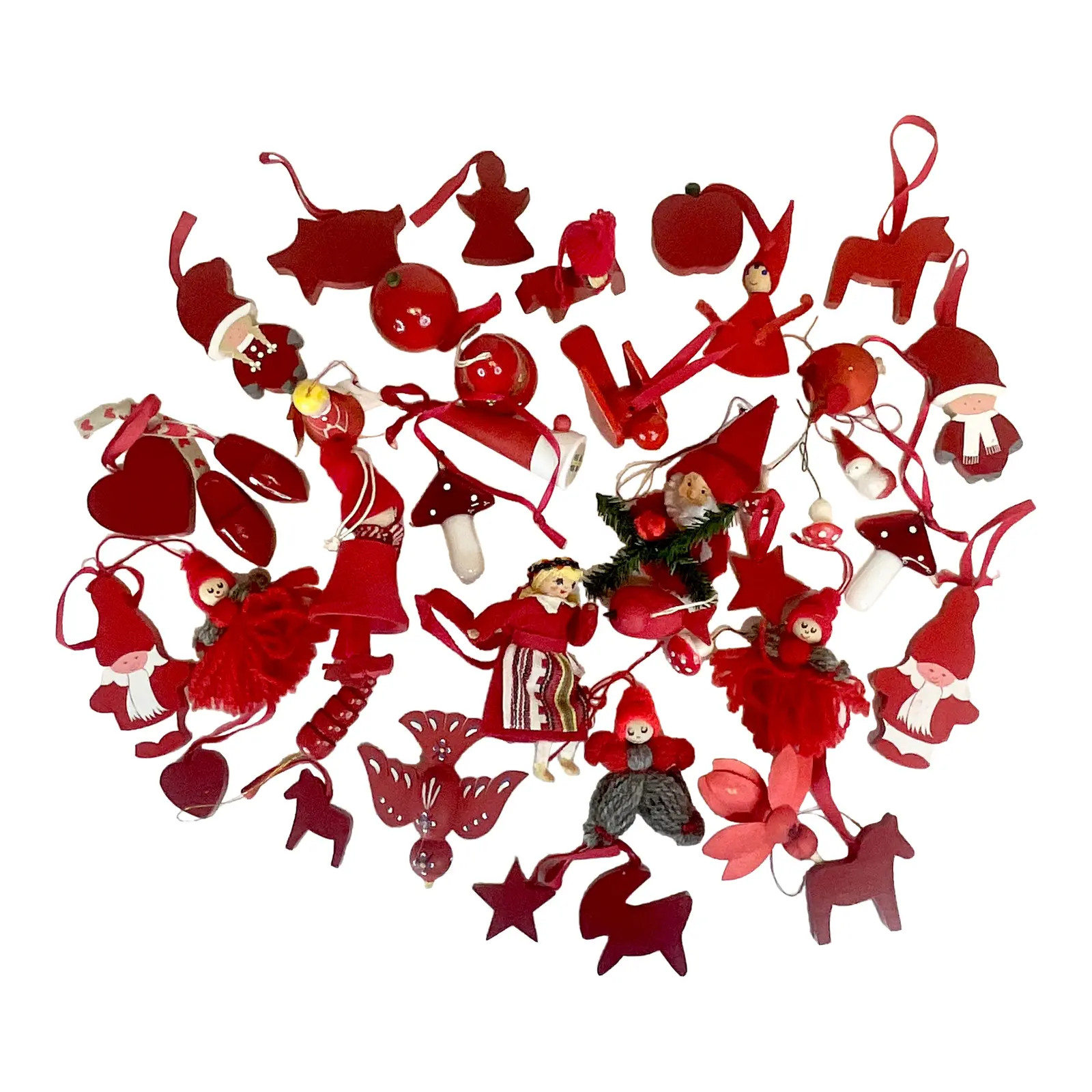 1950s Swedish Gustavian Boho Chic Red Christmas Ornaments - Set of 39. | Chairish