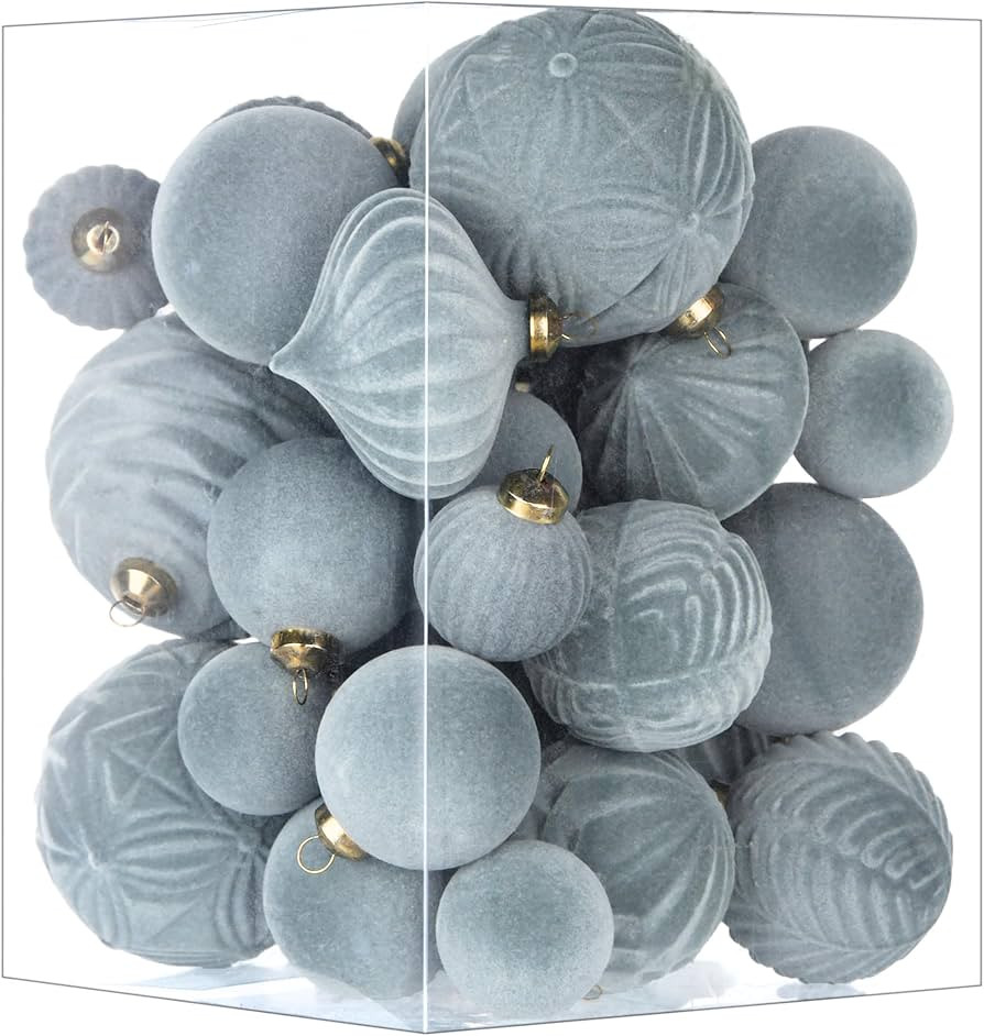 Flocked Ornaments for Christmas Tree Decorations - 35pcs Gray Velvet Ball Ornament for Winter Hol... | Amazon (US)