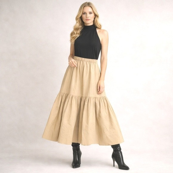 GANNI Women's Organic Cotton Tan Maxi Flounce Skirt Size 36 US 4 Boho Luxe NWOT | Poshmark