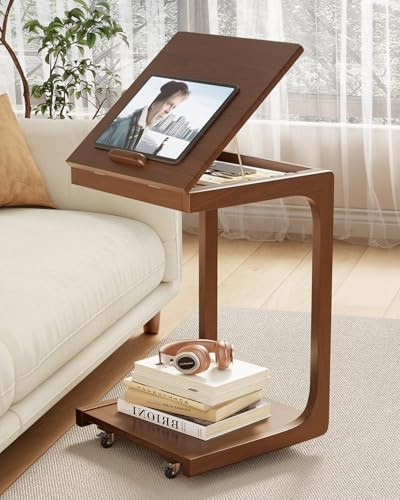 AQIMUELE Wooden C-Shaped End Table,Couch Table with Adjustable Desktop,Small Rolling Side Table with 2 Lockable Wheels,Small End Table for Couch, Living Room,Bedroom (Walnut) | Amazon (US)
