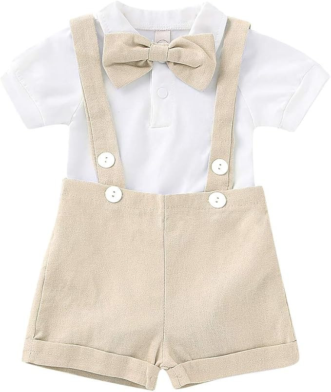 Baby Boys Gentleman Formal Outfits Set Romper with Tie and Overalls Bib Pants Wedding Tuxedo Outf... | Amazon (US)