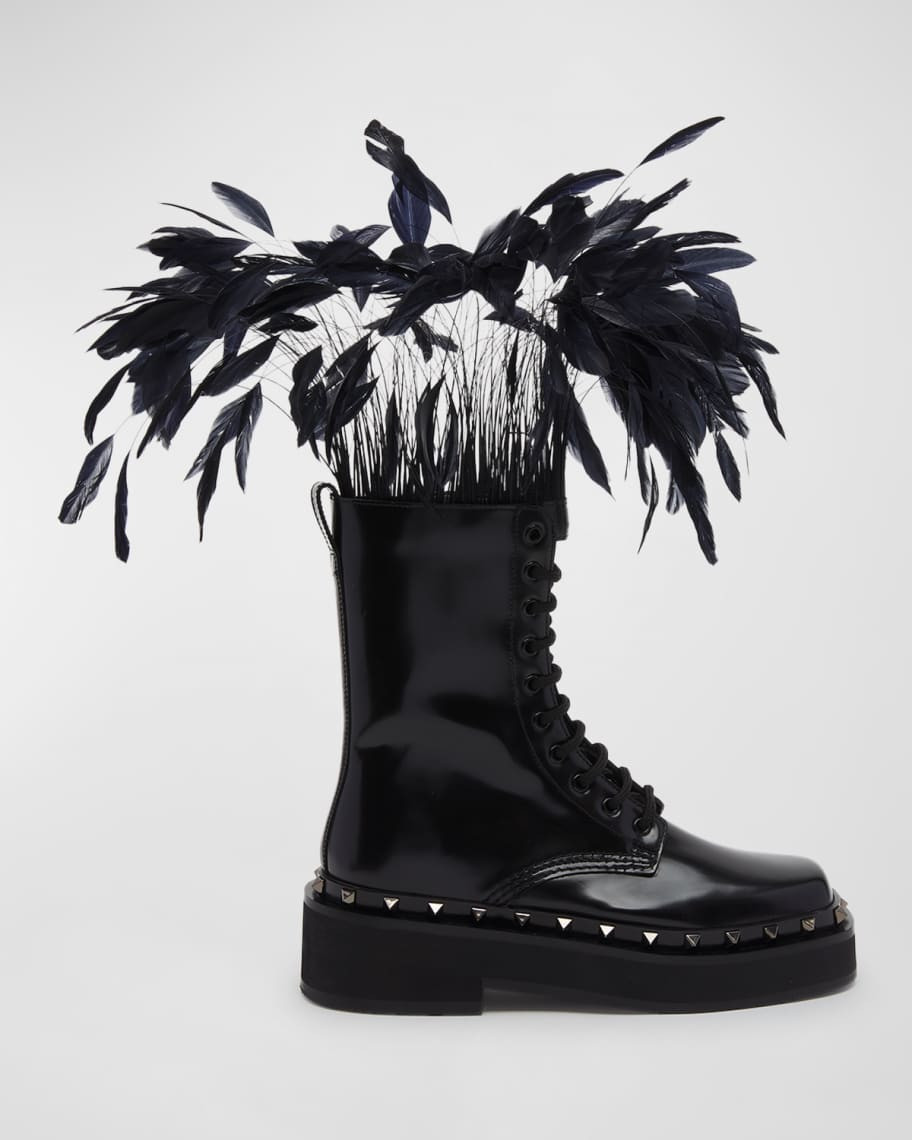 Valentino Garavani Rockstud Patent Leather Combat Boots with Feathers | Neiman Marcus