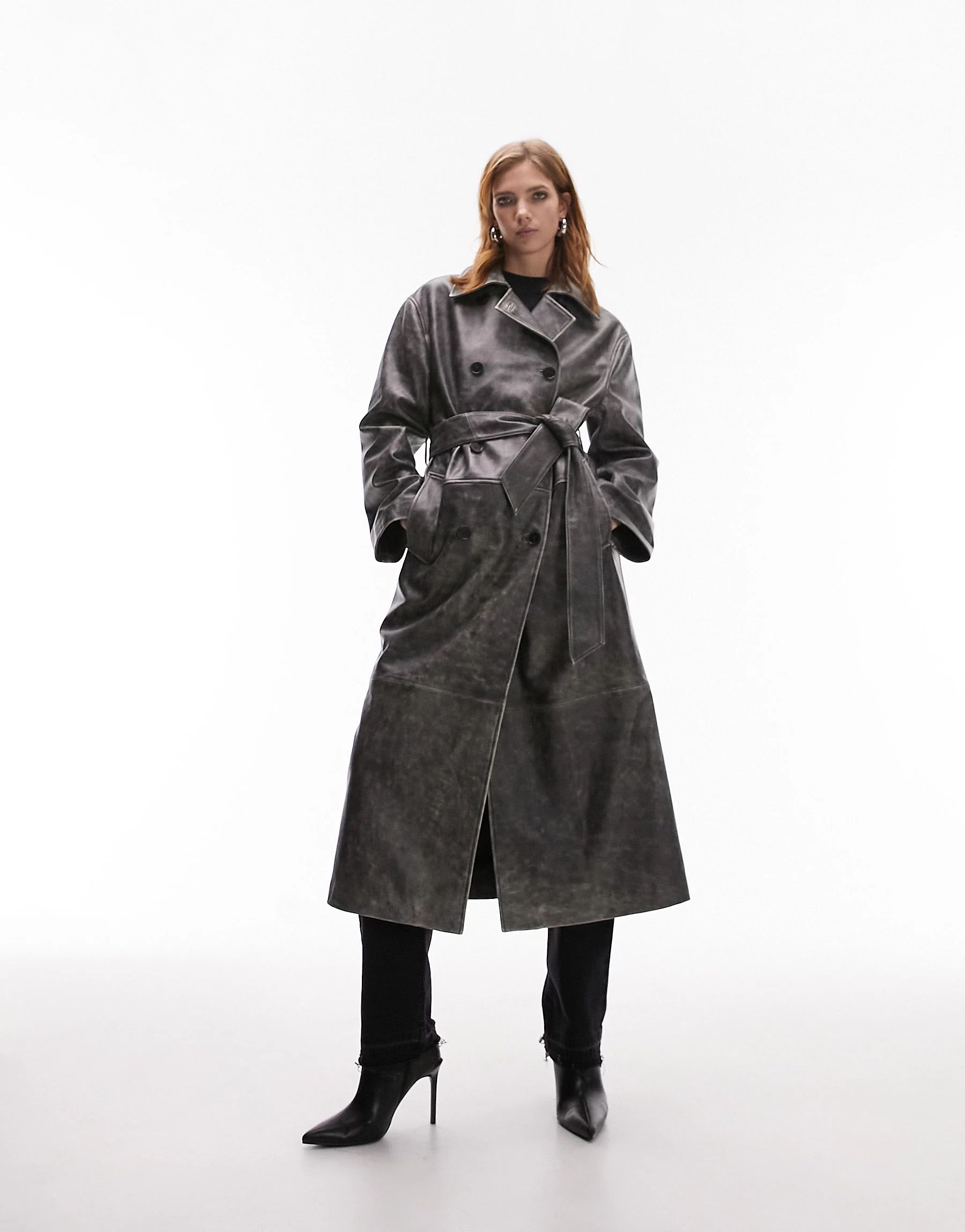 Topshop - Trench-coat en cuir véritable - Gris délavé | ASOS (Global)