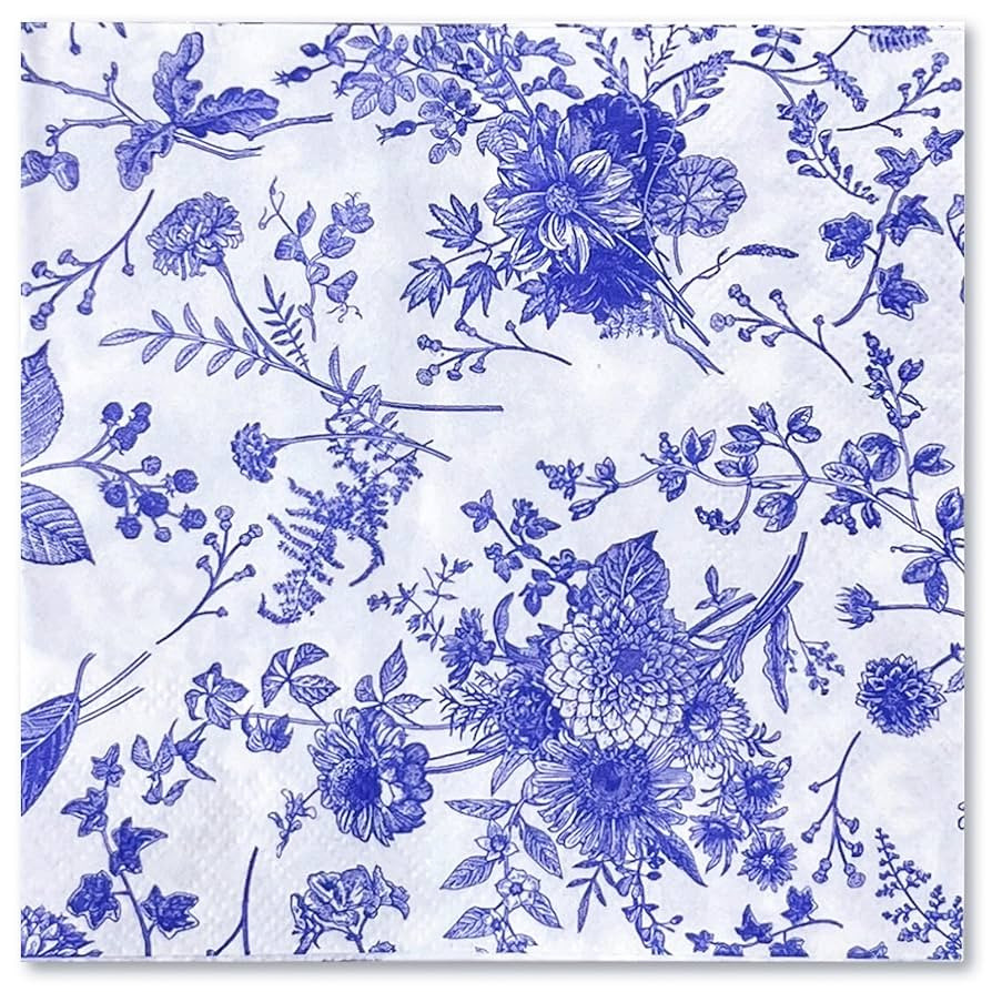 WRAPAHOLIC 25Pcs Blue Floral Cocktail Napkins - Blue and White Toile Paper Napkins for Bridal, Ba... | Amazon (US)