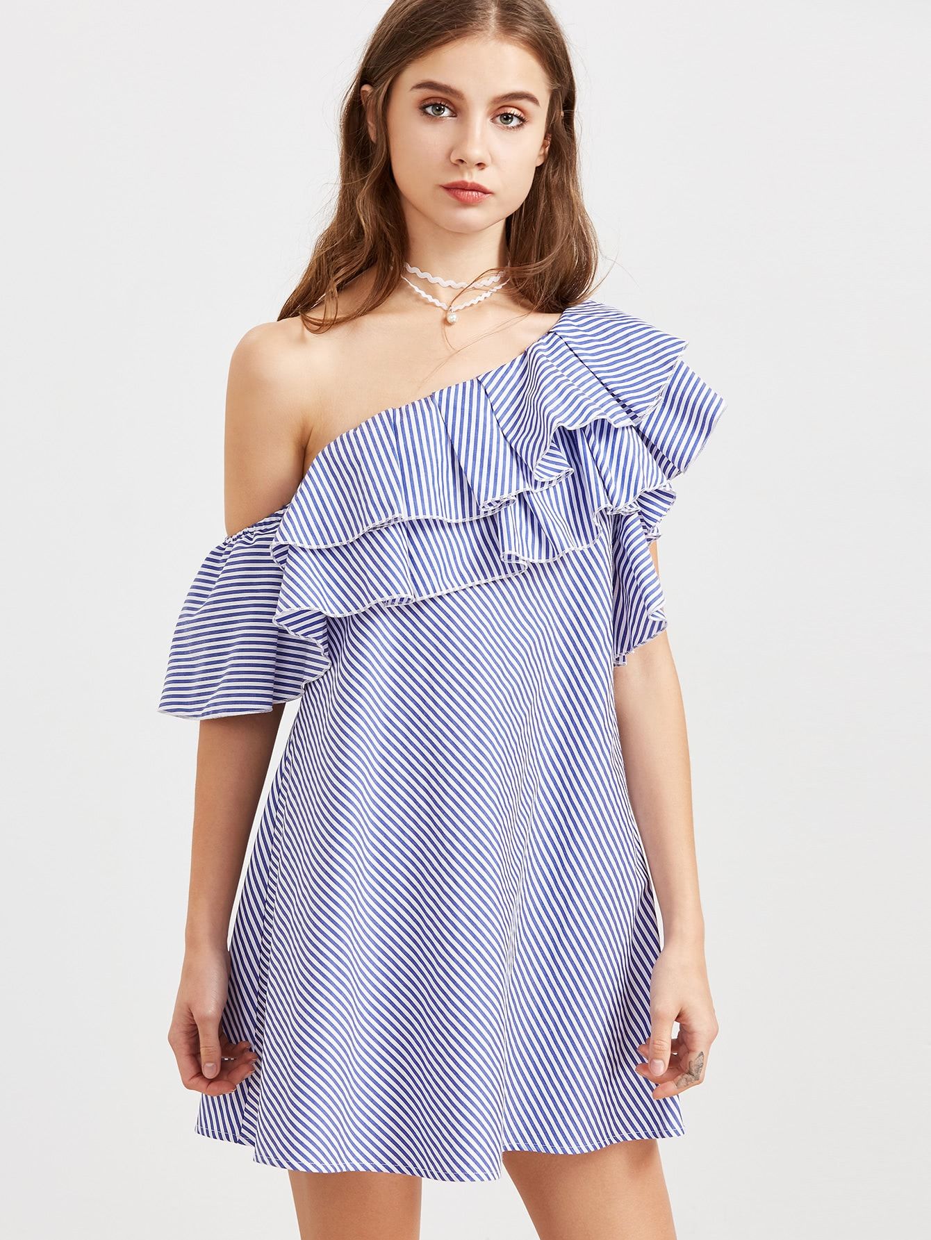 Blue Striped One Shoulder Layered Ruffle Dress | ROMWE