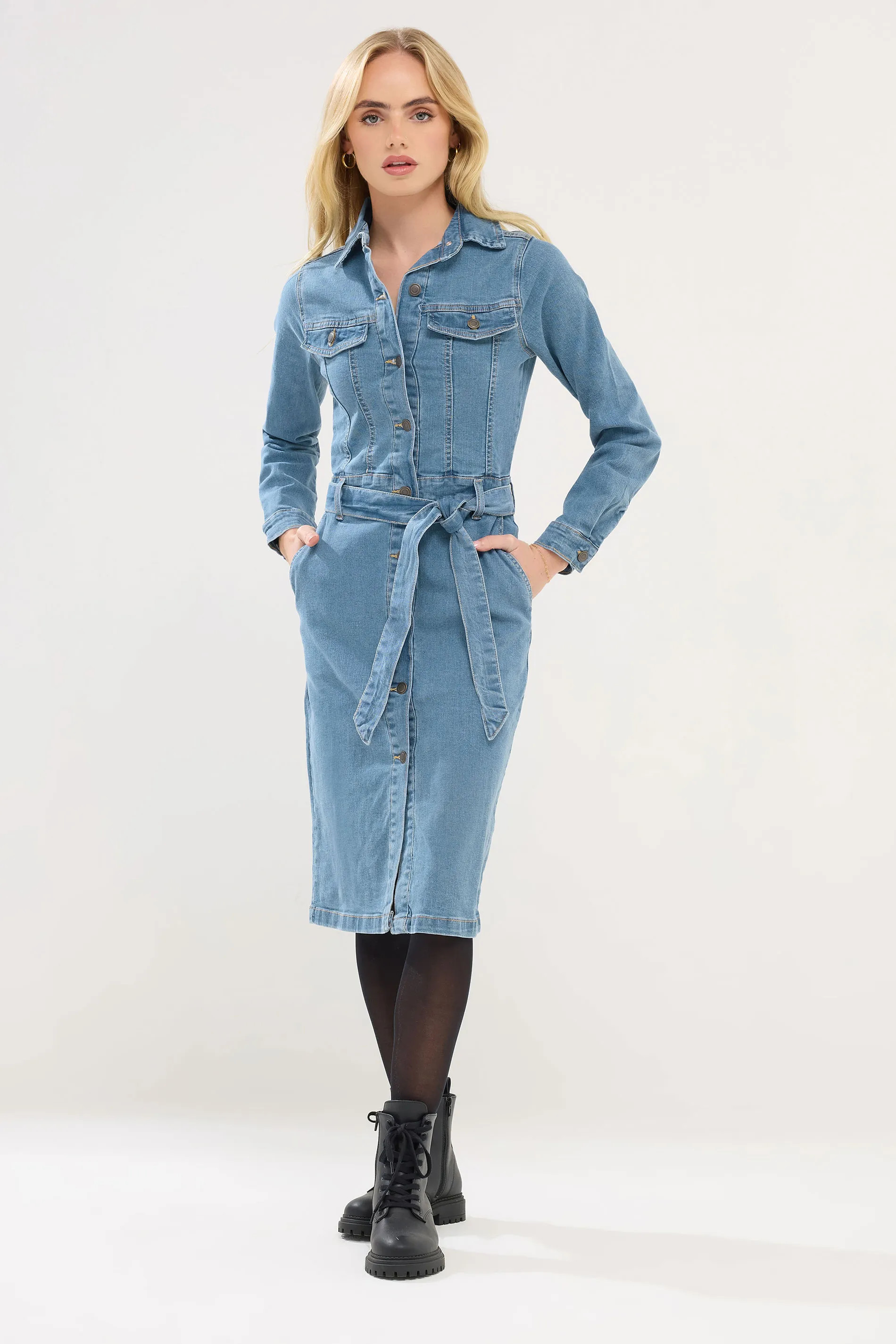 Petite Denim Tie Waist Midi Dress | Boohoo.com (UK & IE)