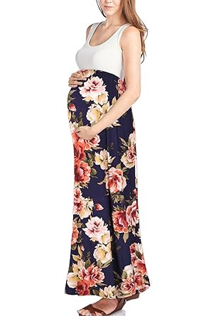 Beachcoco Women's Maternity Sleeveless Maxi Empire Waist Flower Printed Tank Dress | Amazon (US)