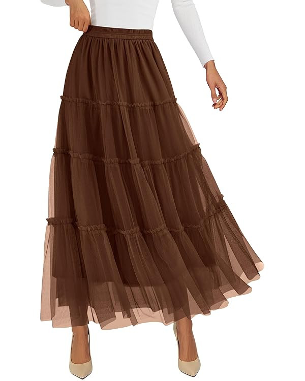 PRETTYGARDEN Tulle Skirts for Women 2025 Fall Fashion Elastic High Waisted Fairy Tiered Flowy A-L... | Amazon (US)