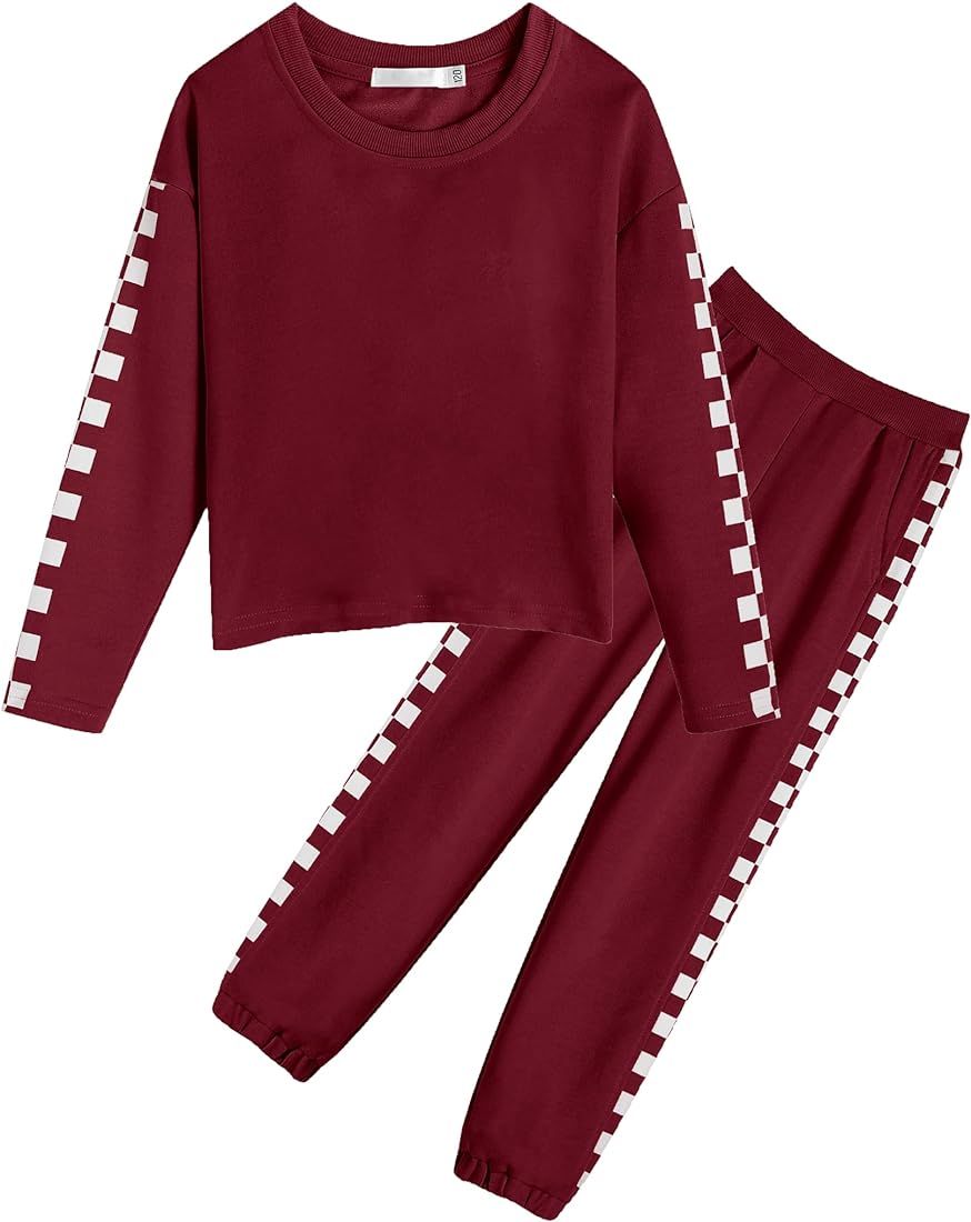 Hopeac 2Pcs Girls Sweatsuits Tracksuits Fall Cute Plaid Pullover Hoodies Sweaters Jogger Sweatpan... | Amazon (US)