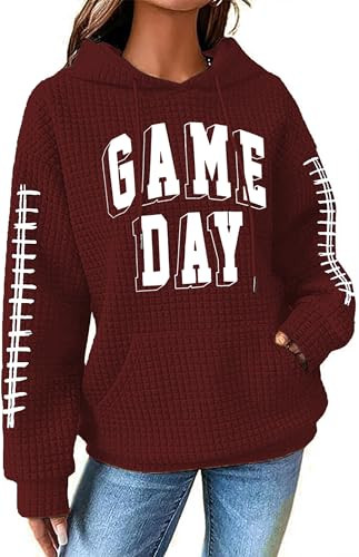 NEWWEN Game Day Sweatshirt Women Football Graphic Shirt Football Mom Waffle Knit Hoodie Game Day ... | Amazon (US)
