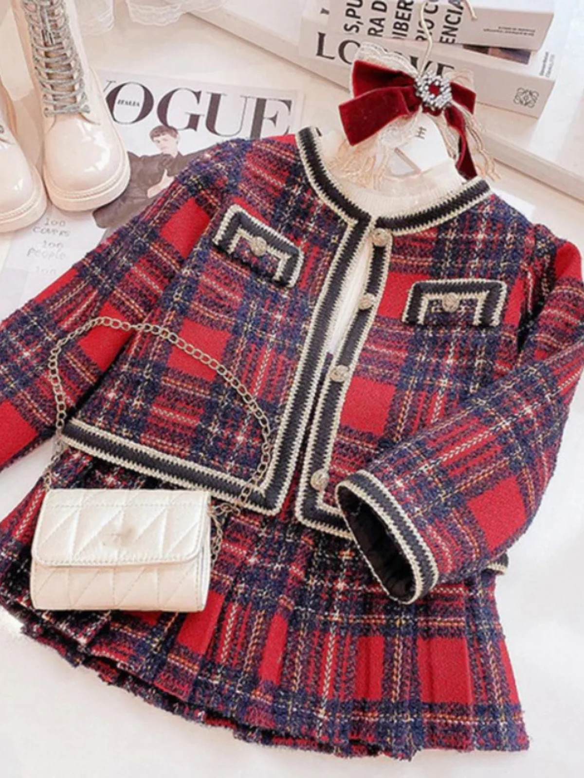 Queen Bee Red Plaid Blazer and Skirt Set | Mia Belle Girls
