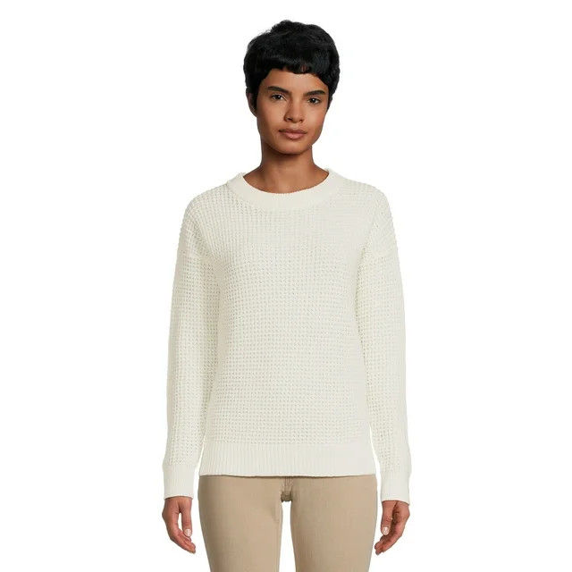 Time and Tru Women's Long Sleeve Waffle Crewneck Pullover Sweater | Walmart (US)