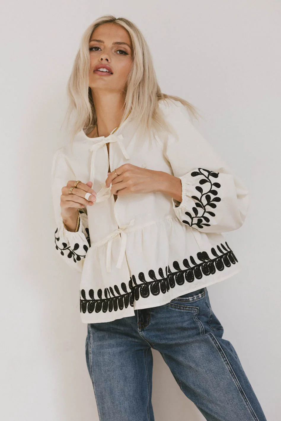 Stariana Embroidered Tie Blouse in Cream | Böhme US