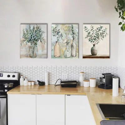 3 Piece Sage Green Eucalyptus Vase Canvas Wall Art For Kitchen Boho Botanical Framed Wall Art Floral Farmhouse Neutral Prints Artwork For Dining Room | Wayfair North America