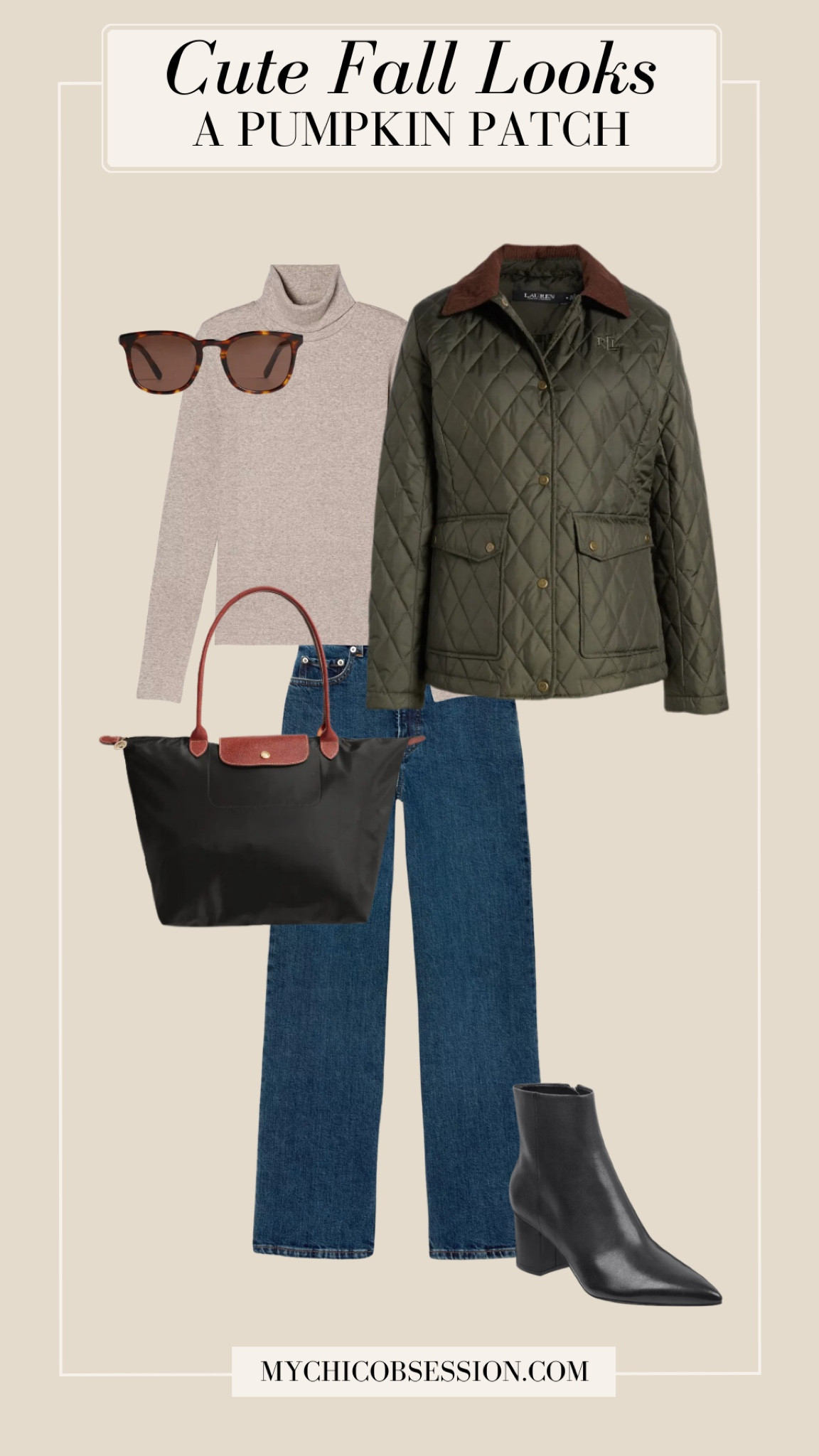 Style the perfect fall outfit for the pumpkin patch. Pair a green quilted jacket with a neutral turtleneck. Add straight leg jeans, a Le Pliage tote bag, chic sunglasses and a pair of ankle boots.

#LTKSeasonal #LTKStyleTip