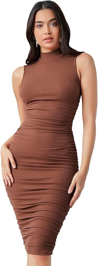 Floerns Women's Solid Sleeveless Mock Neck Knee Length Ruched Bodycon Dress | Amazon (US)