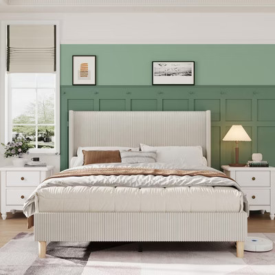 Orieon Queen Bed Frame with Corduroy Upholstery, Vertical Channel Tufted Wingback Headboard, Wooden Slats Support, Noise-Free Platform Bed, Beige | Target