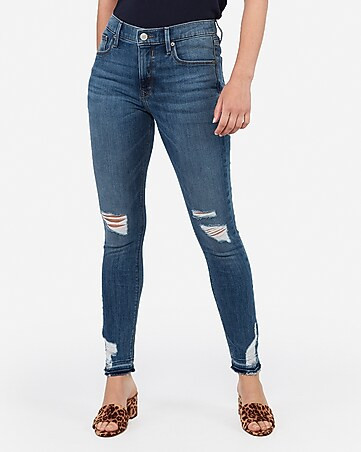 mid rise ripped raw hem jean ankle leggings | Express