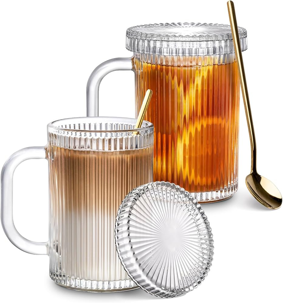 Combler Glass Coffee Mugs, 13oz Clear Coffee Mug with Lid and Spoon, Ribbed Tea Cup Set of 2, Cof... | Amazon (US)